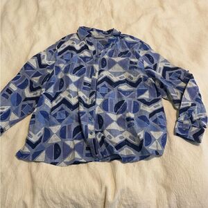 Studio Works Size XL Geometric Abstract Blue 100% Linen Button Down Blouse